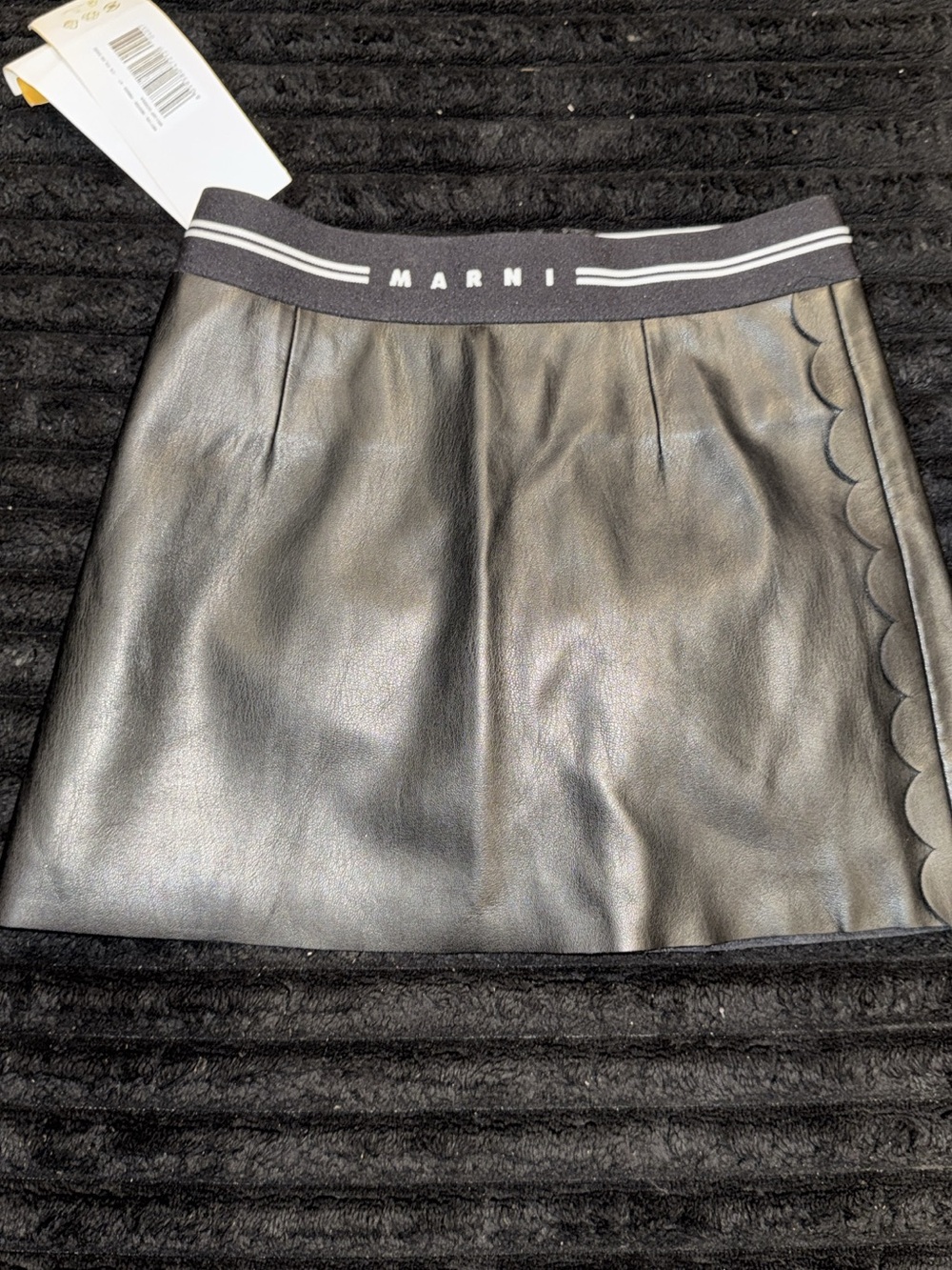 Marni Black Leather Scallop-Trim Elastic Waist Skirt